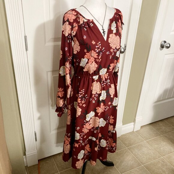 LOFT Burgundy peach black floral print long sleeve v-neck dress ~ SMALL MEDIUM - Picture 5 of 14